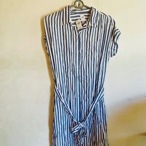 Gap Women’s XS Navy & White Stripe Button-Down Belted Dress with Pockets (Rayon)